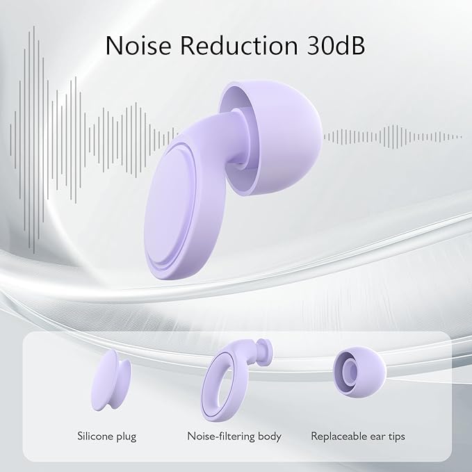 2 Pairs Ear Plugs for Sleeping, Soft Full Silicone Ear Plugs for Noise Reduction 25dB, Reusable Hearing Protection Earplugs for Concert, Focus, Noise Sensitivity, 8 Ear Tips in S/M/L - Purple