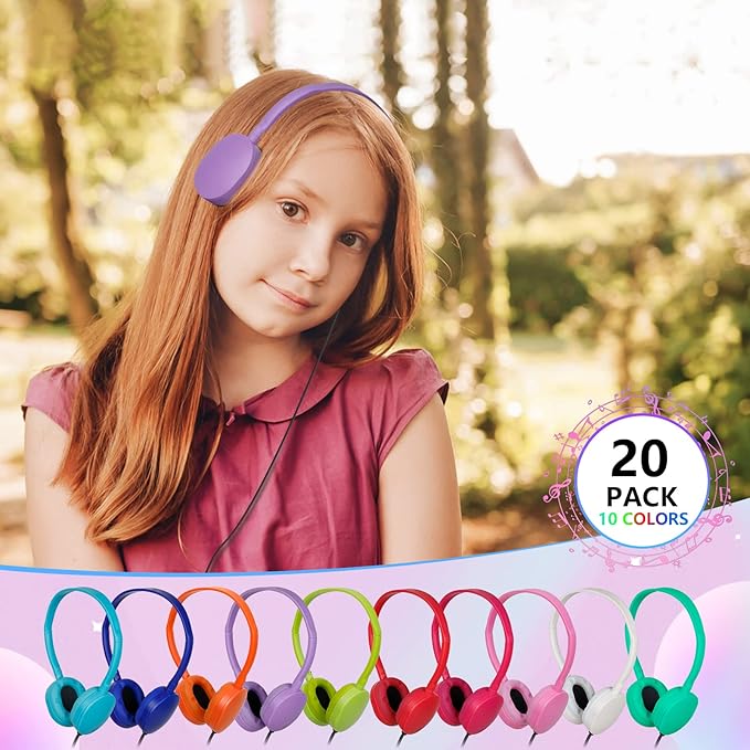 Classroom Kids Headphones Bulk 20 Pack Class Set of Headphones for Students Children Boys Girls Teen Adult,Group Learning, Computer Lab, Library, Online Lesson and Testing (10 Colors)