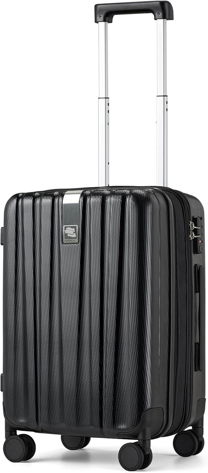 Hanke 20 Inch Expandable Carry on Luggage 22x14x9 Airline Approved Lightweight PC Hard Shell Suitcases with Wheels Travel Luggage Rolling Suitcase Travel Luggage Bag for Weekender(Jet Black)