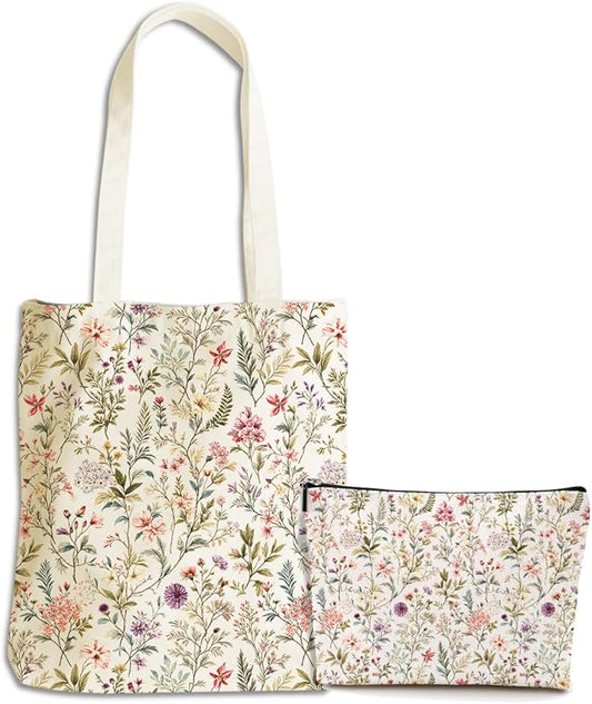 Flower Plant Lover Gifts for Women Canvas Tote Bag with Makeup Bag Cosmetic Bags Grocery Bags for Shopping Christmas
