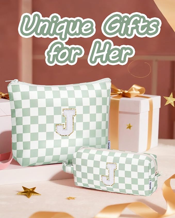Narwey 2 Piece Personalized Initial Makeup Bag Checkered Cosmetic Bags, 6 8 10 11 12 13 14 16 18 Years Old Teen Girl Gifts Trendy Stuff Birthday Gifts for Women, Travel Toiletry Bag (Green Letter J)