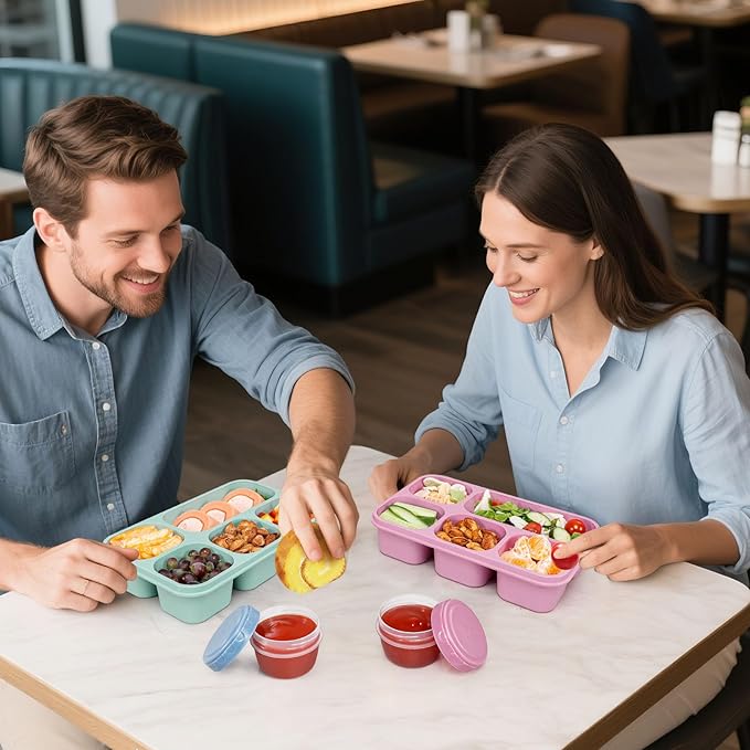 Caperci Bento Box Adult Lunchable Container - Reusable 3-Pack Snack Box Containers with 5-Compartment & 3pc Dressing Cups, BPA-Free Food Storage for Meal Prep, School, Work (Dark & Clear Lids)