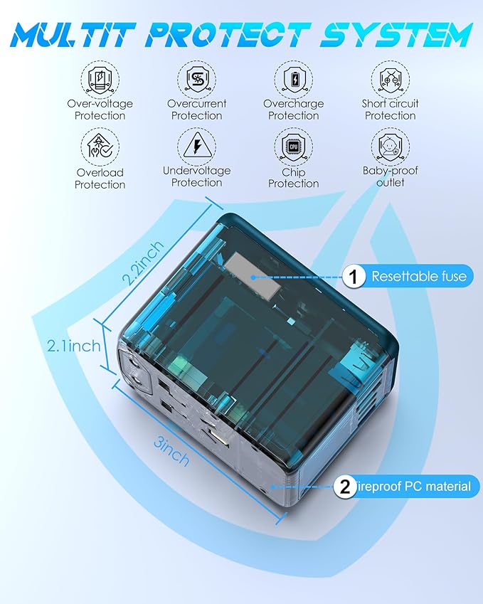 Universal Travel Adapter with 6.0A 3X 3.0A USB-C Ports, 2X 2.4A USB-A Ports & 2500W AC Outlets, International Power Plug Adapter Worldwide Travel Charger for EU UK AUS USA (Type C/G/I/A Plug)