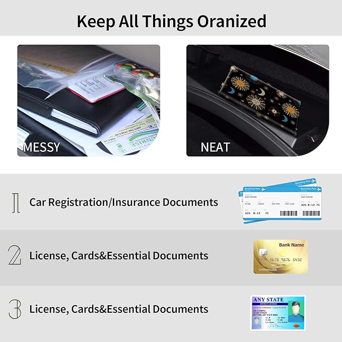 Car Registration and Insurance Holder, Leather Car Glove Box Organizer, Cool Car Accessories for ID, Driver's License Cards & Essential Document, Business Cards, Men&Women,Moon Sun
