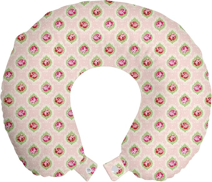 Ambesonne Shabby Flora Travel Pillow Neck Rest, Roses Damask Pattern Botanical Delicate Antique Old Fashioned Style Dotted, Memory Foam Traveling Accessory for Airplane and Car, 12", Green Magenta