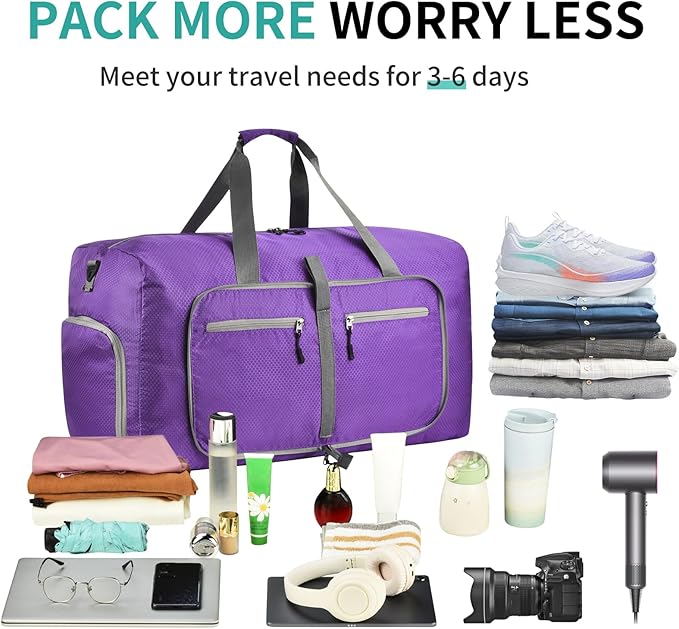 Dimayar Travel Duffle Bag for Men Women - Foldable Duffel Bag with Shoes Compartment - Overnight Bags Waterproof & Tear Resistant(85L,Purple)