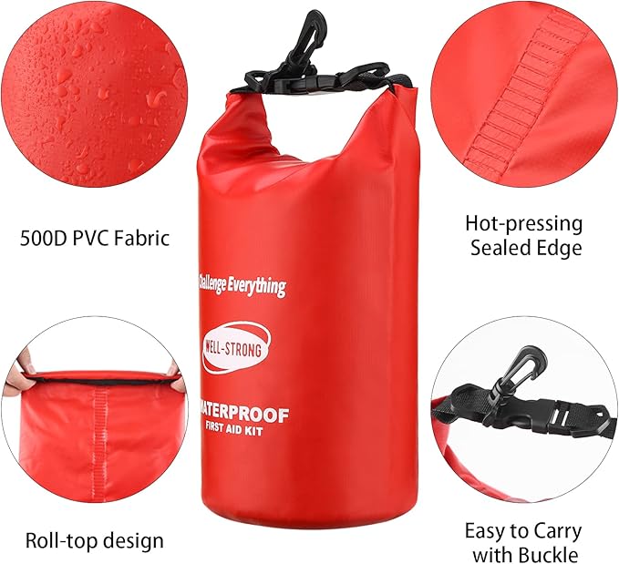 Emergency First Aid Kit for Boating & Marine Safety Waterproof Medical Supplies with Roll Top Design for Fishing, Kayaking Red