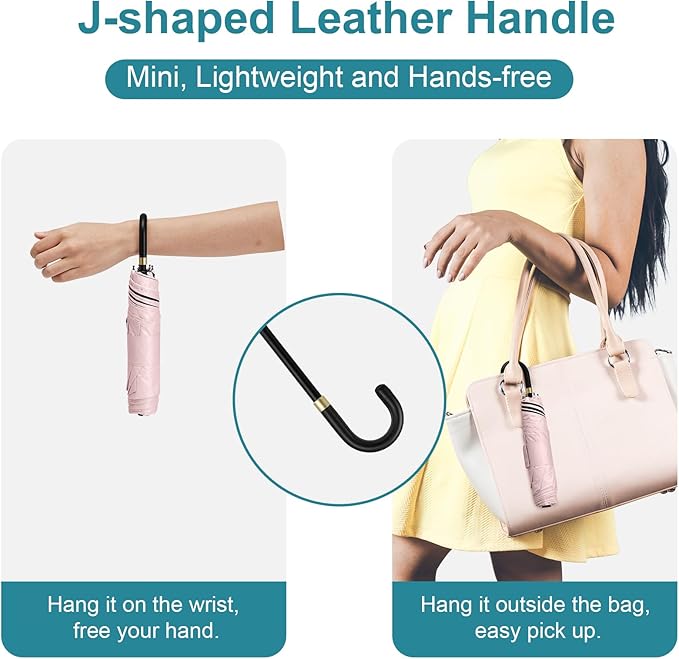 G4Free Mini Travel Umbrella UPF 50+ Ultralight Slim UV Protection Parasol, Windproof Compact Umbrella for Sun & Rain, Portable with J Hook Curved Handle Japanese Style for Women