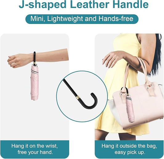 G4Free Mini Travel Umbrella UPF 50+ Ultralight Slim UV Protection Parasol, Windproof Compact Umbrella for Sun & Rain, Portable with J Hook Curved Handle Japanese Style for Women