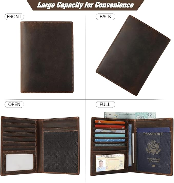 Genuine Leather Passport Holder, RFID Blocking Travel Wallet for Men & Women (Red Brown)