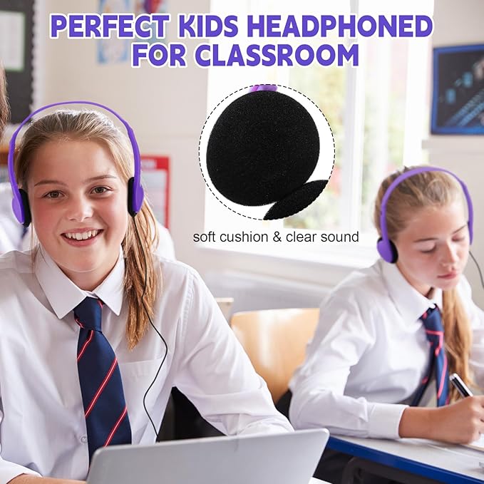 Konohan 10 Pack Headphones Bulk Headphone for School Classroom Student Wired Headphones Adjustable with 3.5 mm Jack for Adults (Purple)