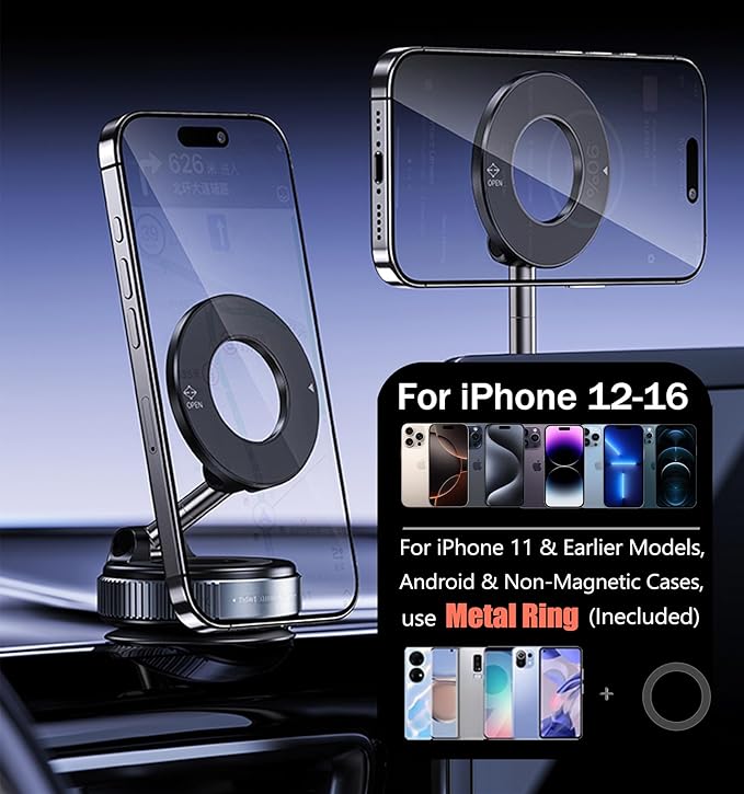 2026 Upgraded Vacuum Magnetic Car Phone Holder 360° Reinforced 96LBS Ultra Suction Cup Phone Mount for MagSafe Cell Phone Holders for Your Car/Gym/Mirror Mount for iPhone & Android
