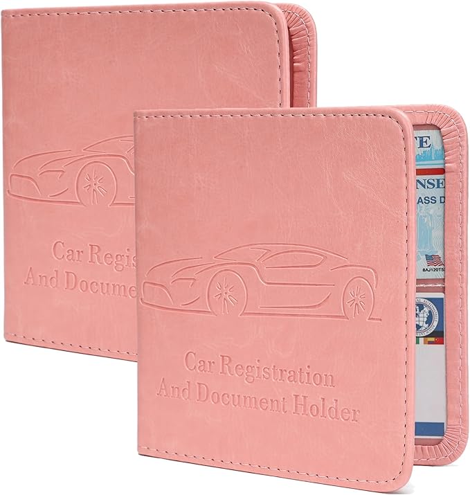 2-Pack Registration and Insurance Card Holder, Vehicle Glove Box Car Organizer with Magnetic Closure, Interior Pink Car Accessories for Documents, Cards, License Storage