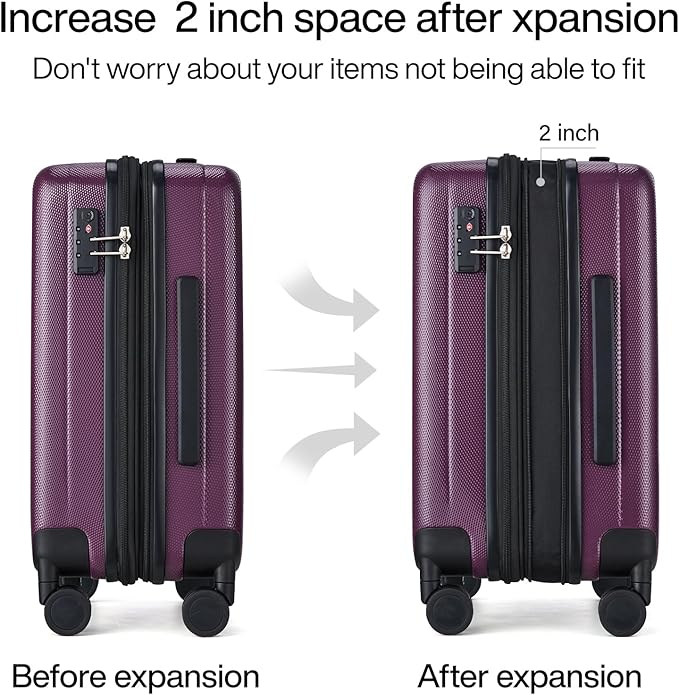 Hanke 24 Inch Expandable Checked Luggage Lightweight PC Hard Case luggage Suitcases with Wheels Travel Luggage Rolling Large Suitcase Travel Luggage Bag for Go To University (Purple)