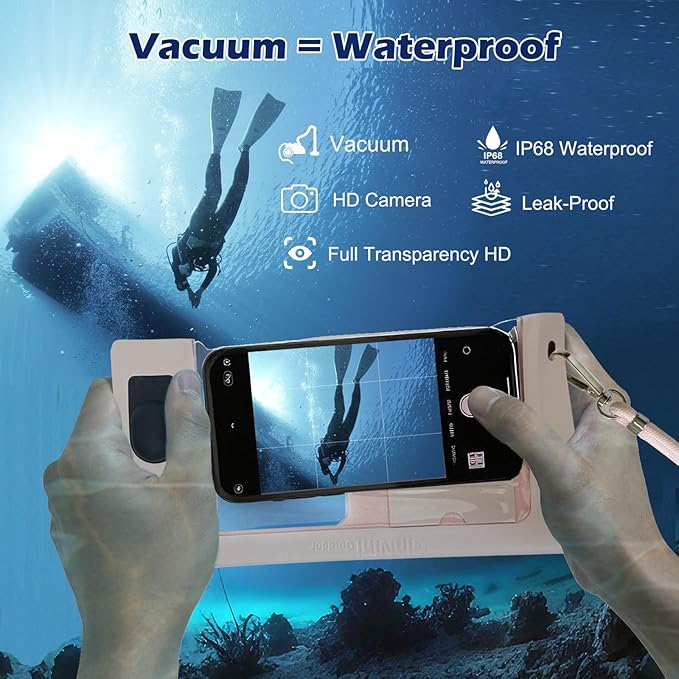 Vacuum Cell Phone Waterproof Phone Pouch iPhone Casemate Waterproof Phone case with Lanyard Small Water Proof Pouch Water Phone Protector Water case for Phone case Water Proof IP68 Max 7” Pink