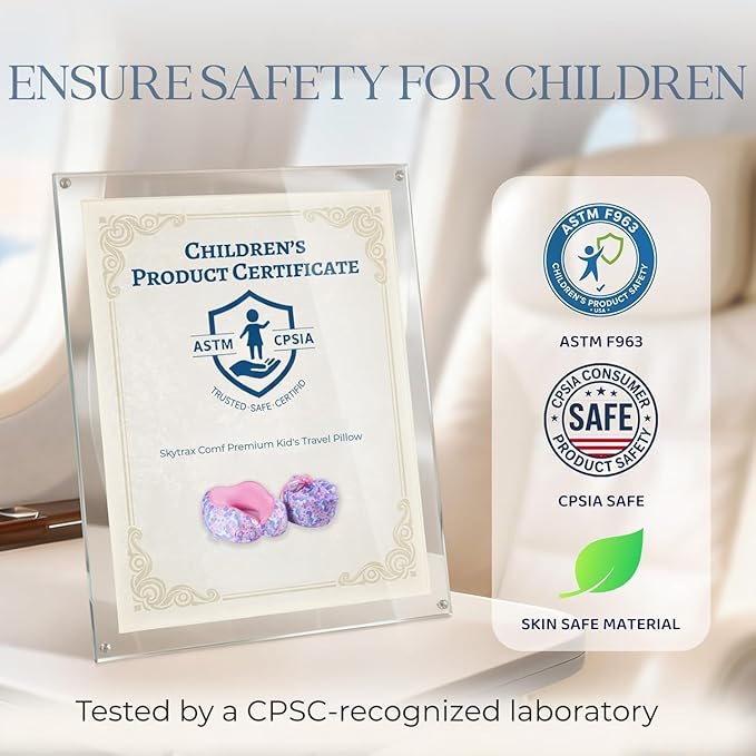 SKYTRAX® Certified Kids Safe Memory Foam Travel Neck Pillow for Kids and Toddlers, Cute Cartoon Design, Car Seat & Airplane Head Neck Support, Adjustable Snap Button, Washable Soft Cover (Unicorn)