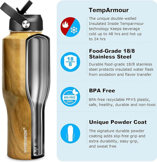 HYDROWION 40 oz Insulated Water Bottle with Straw fit in Car Cup Holder(Cold 48 hrs, Hot 24 hrs) Drinking Bottle with Straw Lid, Spout Lid and Flex Cap Leakproof Travel Thermo Mug，Wood