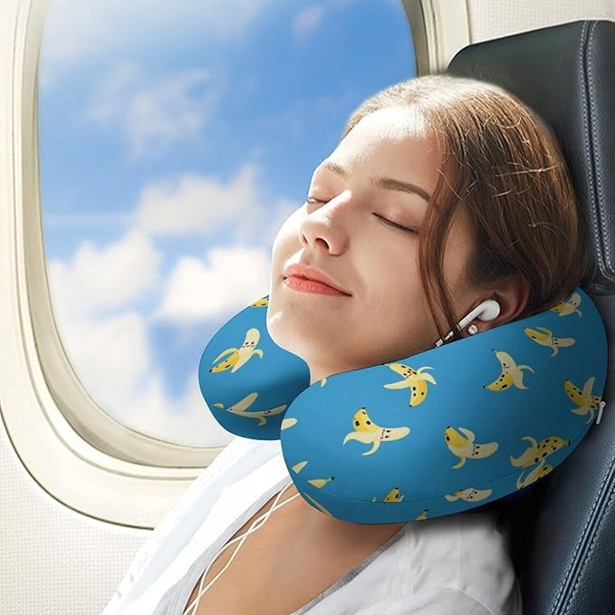 Chin Support Travel Pillow Memory Foam U Shaped Cushion Banana Fruit Blue, Breathable Washable Cover for Men Women Airplane Car Sleep