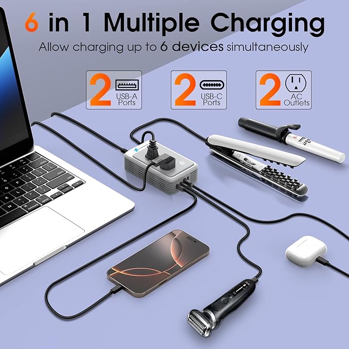 220V to 110V Voltage Converter US to Europe for Curling Iron and Hair Straighteners, Power Converter for European Travel Plug Adapter with 2 USB A & 2 USB C Ports (Type C-Europe)
