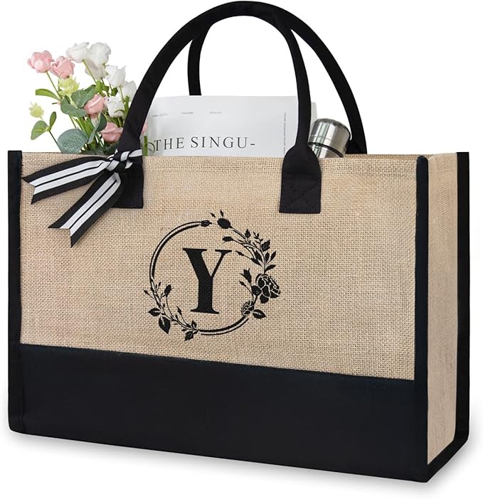 TOPDesign Personalized Initial Canvas Beach Bag, Monogrammed Gift Tote Bag for Women