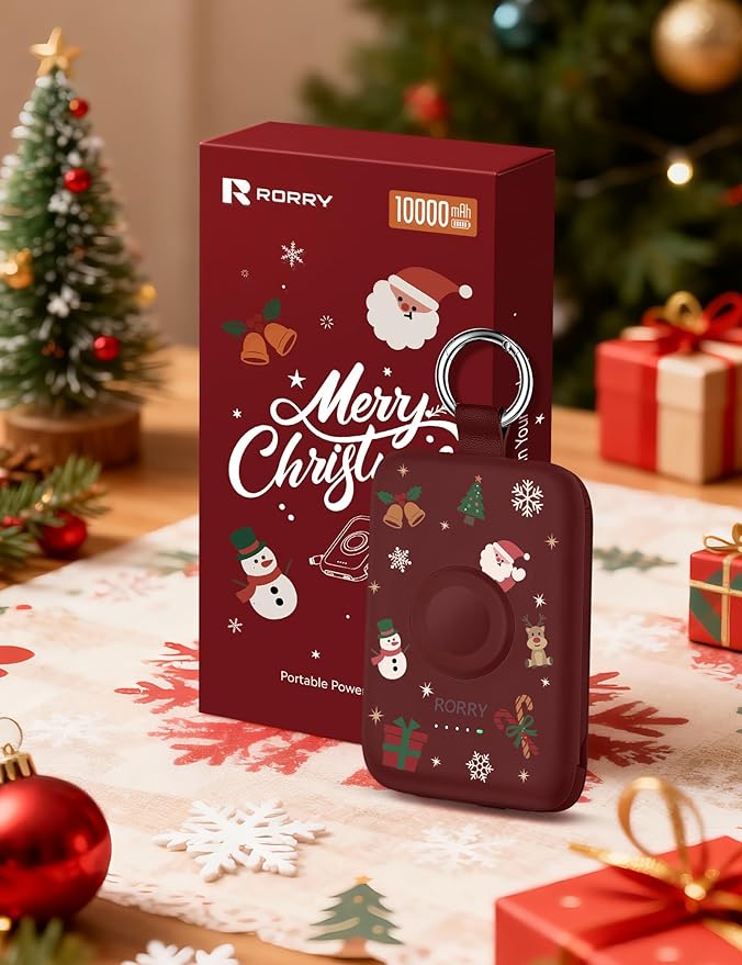 RORRY Portable Charger, 10000mAh PD 20W Fast Charging Portable Charger Power Bank with Built in Cables, Travel Battery Pack for iPhone 17/16/15/14/13/12 and Apple Watch, Christmas Red