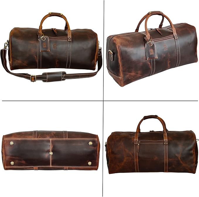 24" Leather Duffle Bag for Men and Women, Full Grain Leather Travel Overnight Weekender Sports Gym Carry On Duffel Bag by Rustic Town (Antique Brown)
