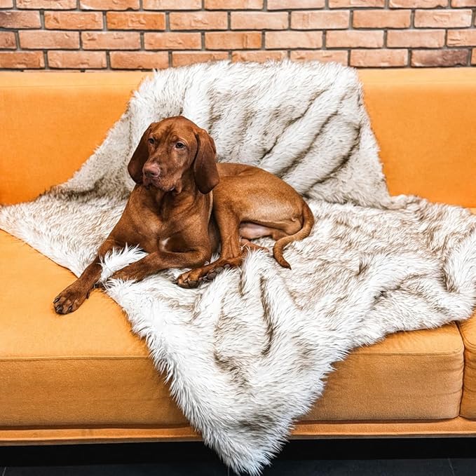 Waterproof Dog Blanket for Small, Medium & Large Dogs – Faux Fur Pet Throw for Couch, Sofa, Bed & Car – Soft, Washable, Stain-Resistant, Durable Cover – White w/Brown Tips – 80" x 60"