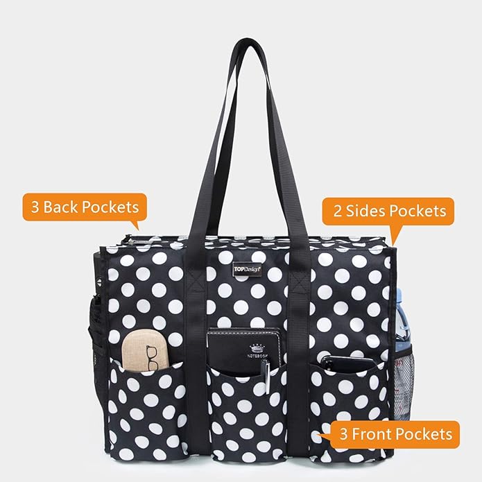 TOPDesign Utility Water Resistant Tote Bag with 13 Pockets, Top Zipper Closure & Thick Bottom Support, for Working Women