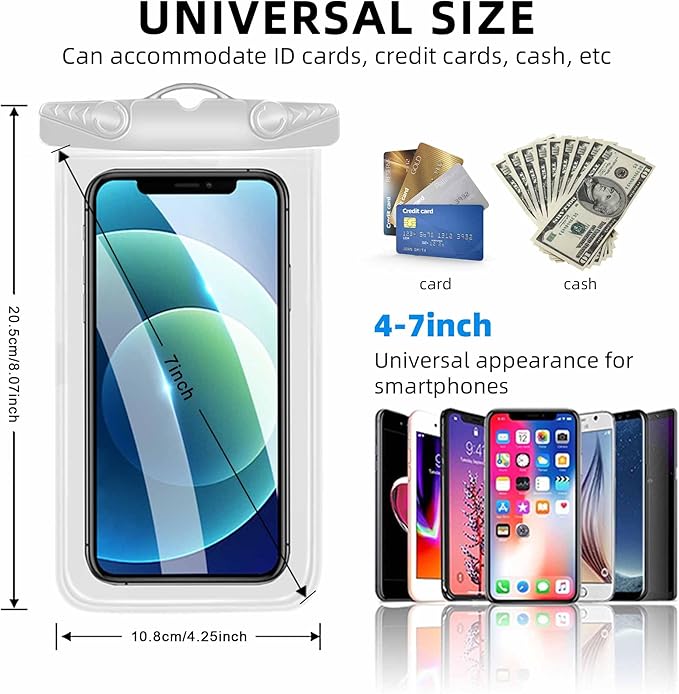 Waterproof Phone Pouch, New Lock Design Waterproof Phone case with Lanyard IPX8 Waterproof Dry Bag Universal Beach Cruise Essentials White