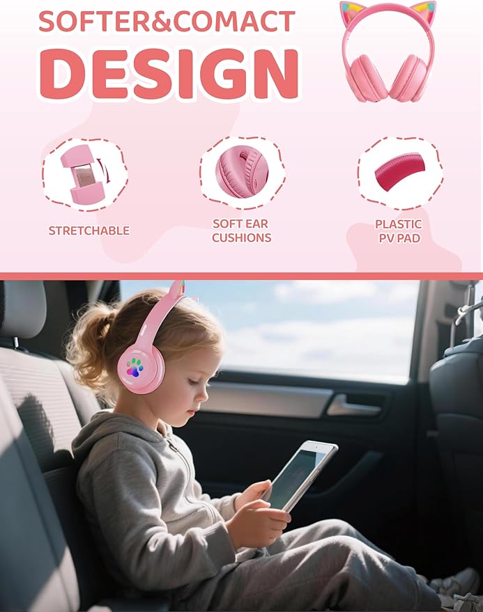 MIDOLA Kids Headphones Cat Ear Wireless Bluetooth 5.3 60H Over Ear, 8H with Led Light Foldable Headset with Aux 3.5mm Mic for Travel Pad Tablet Pink