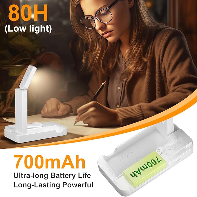 Rechargeable Book Light for Reading in Bed,Foldable & Portable Clip-On Reading Light,3 Color Amber Eye Care & Stepless Dimming,80H Lasting Small LED Desk Lamp for Book Lovers,Office,Home,Travel