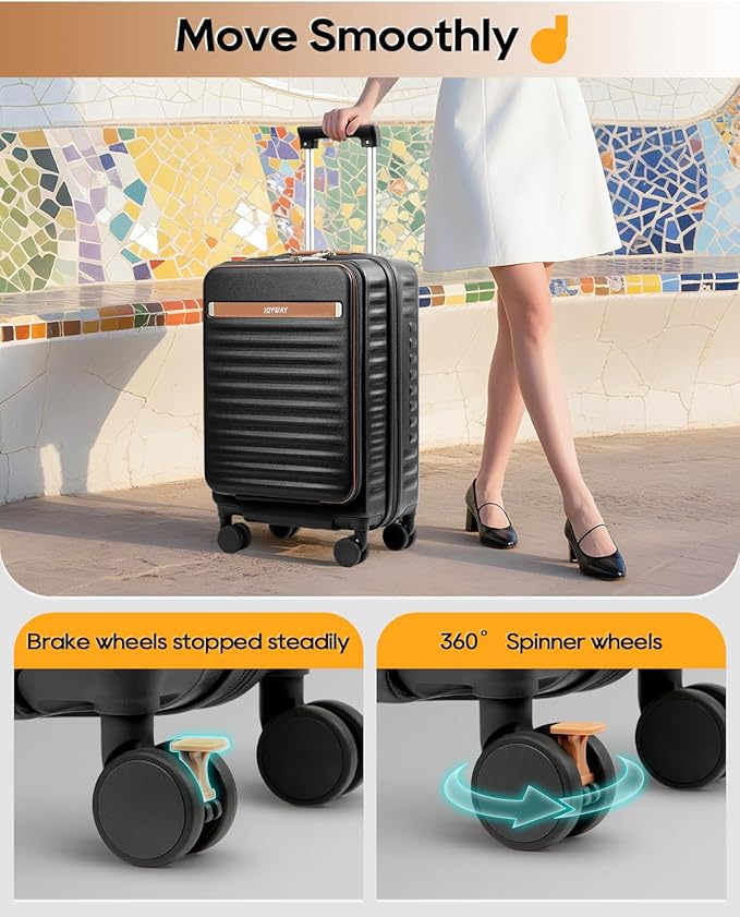 Joyway Carry on Luggage Airline Approved with Front Compartment and Cup Holder, 20 Inch Hard Shell Carry-on Suitcase with Spinner Wheels and TSA Lock for Women Men (Black, 20 Inch)