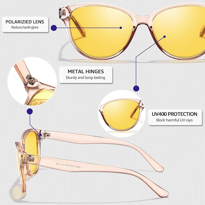 Myiaur Night Vision Driving Glasses for Women, Polarized Anti Glare Yellow Lens Glasses for Nighttime, UV400 Protection