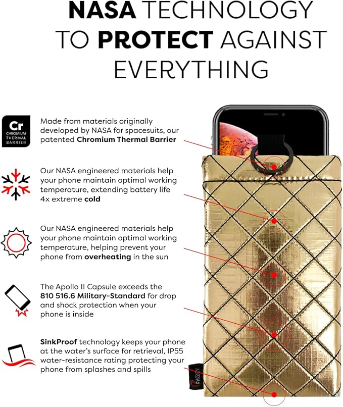 PHOOZY Apollo II Thermal Phone Case Cold Weather Insulated Pouch | Extends Battery Life 4X | NASA Tech Skiing Snowboard Accessories | Military Grade | Large - Gold