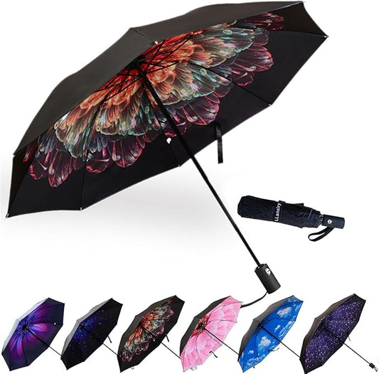 LLanxiry Compact Travel Umbrella, 44" Canopy, Automatic Open/Close Windproof Umbrella, 210T Pongee, 8-Rib Fiberglass, Travel Size Mini, Portable Rain/Sun Umbrellas UPF 50+ with Cover