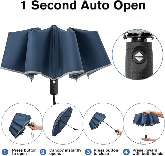 G4Free 42 Inch Eco Windproof Folding Umbrella for Rain & Sun 9 Ribs Wind Resistant Strong Fiberglass Double Canopy with Reflective Strip for Women Men Auto Open Close For Car & Backpack