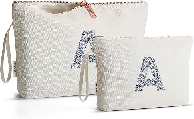 A-Z BAG 2pcs Personalised Makeup Bag Set, Canvas Cosmetic Bag with Rhinestone Initial, Birthday Gifts for Women (A, Beige)