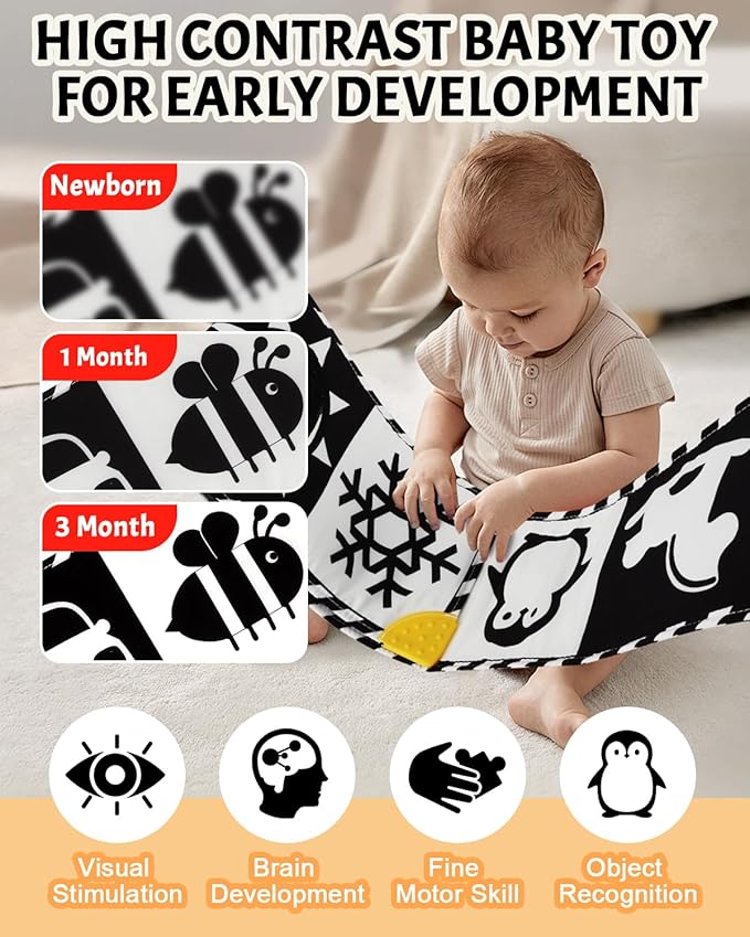 Baobrava High Contrast Baby Toys, Black and White Newborn Toys for Brain Development, Soft Baby Books, Infant Sensory 0-6-12 Months, Tummy Time Toy, Visual Stimulation Montessori Gift
