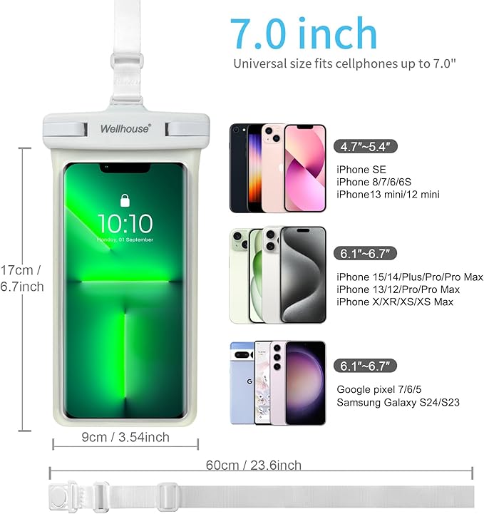 wellhouse Waterproof Phone Pouch, Waterproof Phone Case for iPhone 16 15 14 13 12 Pro Max XS Samsung, IPX8 3D Cellphone Dry Bag Beach Essentials (1 Pack - Luminous White7.0, 7 inch)