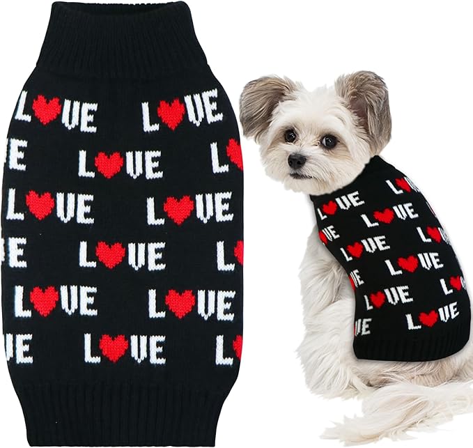 GOYOSWA Valentines Dog Sweater, Dog Valentines Clothes Outfit Knitted Sweaters for Small Medium Large Dogs Pets (Black Love, Medium)