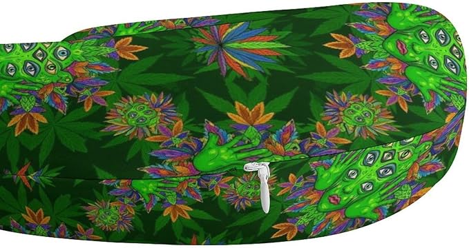 Pain Relief Travel Pillow Memory Foam Chin Support Trippy Eye Leaf Weedleaf Green, Breathable Washable Cover for Airplane Car Office