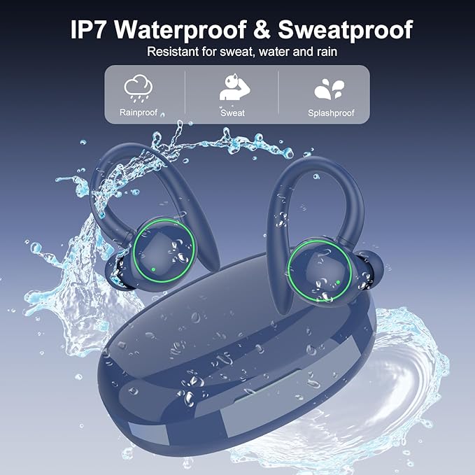 Wireless Earbuds, Bluetooth 5.4 Headphones Sport, Over Ear Buds With ENC Noise Cancelling Mic, 48H, Wireless Earphone With Earhooks, Stereo Deep Bass, IP7 Waterproof Headset for Workout Running, Blue