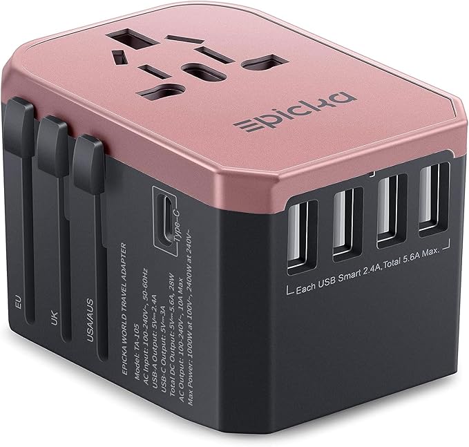 EPICKA Universal Travel Adapter, European Travel Plug Adapter - International Power Adapter Worldwide Charger with USB-C & 4 USB-A Ports, Travel Essentials for Italy, UK, Japan (TA-105, Rose Gold)
