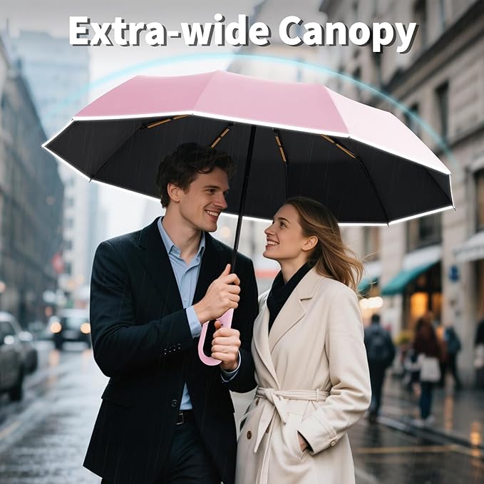 Seniny Travel Umbrella with Carabiner Handle, Windproof Large Umbrellas for Rain with Dual-Rib Structure, Portable Compact Umbrella with Reflective Strip, Car Backpack UV Umbrellas for Sun Protection