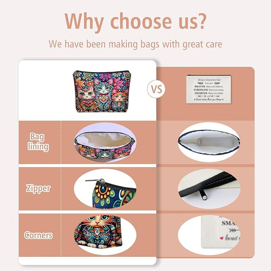 Bohemian Cat Makeup Bag Gift: Cute Boho Cats Themed Cosmetic & Toiletry Organizer Pouch For Daughters, Sisters, Friends,Teen Girls & Women.Ideal Gift For Travel, Birthdays, & Christmas.