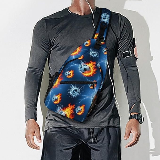 SWEET TANG Men's Crossbody Bag Anti Theft Shoulder Backpack, Funny and Chest Bags Soccer Sports Ball Blue Flame Football for Fishing Cycling Hiking, Lightweight and Large Capacity