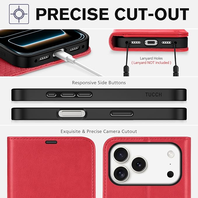 TUCCH Wallet Case for iPhone 17 Pro Max (6.9-Inch) 2025, RFID Blocking 4 Card Slots | Kickstand | Magnetic Closure | PU Leather | Shockproof TPU Shell | Protective Flip Folio Cover | Red