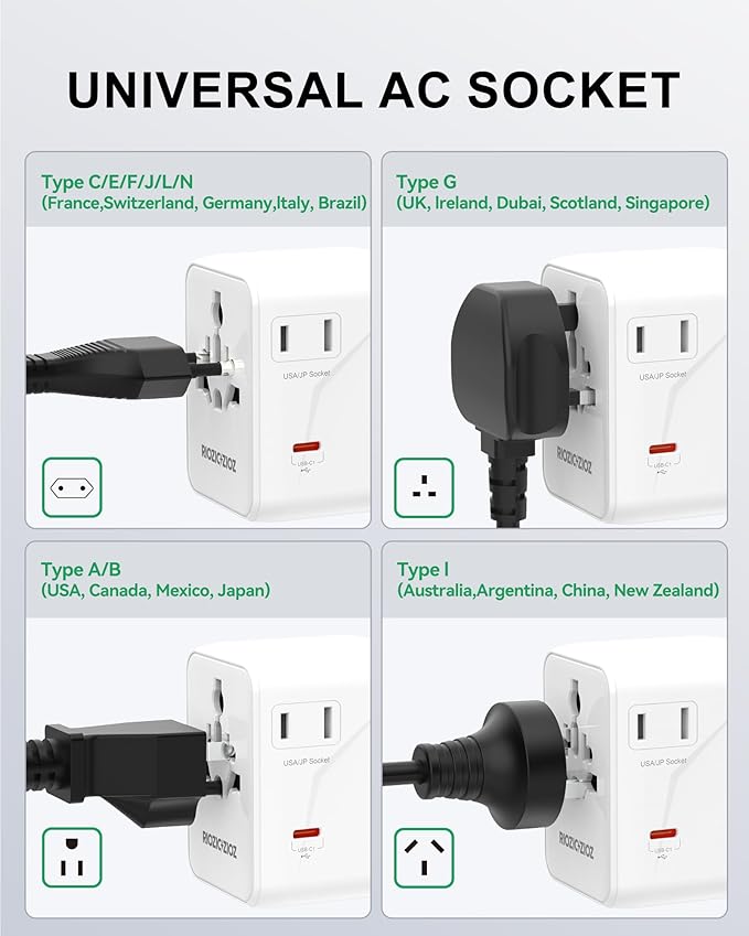 35W Universal Travel Plug Adapter,7-Port PD&QC Fast Charging Power Adapter(2AC&2USB-A&3USB-C),Worldwide Outlet Wall Charger for USA/EU/UK/AUS Over 200 Countries-Type C/A/G/I