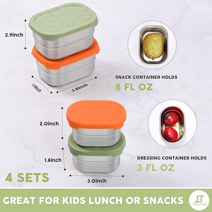 Stainless Steel Snack Containers for Kids & Salad Dressing Containers Sets | Easy Open Small Food Containers with Silicone Lids – Perfect Metal Lunch Box Containers for Daycare and School