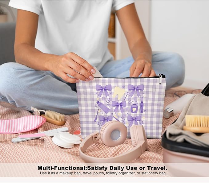 Smile Dental Care Makeup Bag, Cute Tooth & Bow Cosmetic Pouch for Dental Assistant Hygienist Dentist Gift for Women.Purple Checkered Pouch